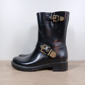 Vince Camuto Boots Women 8 Black Leather Buckle Rain Moto Ankle